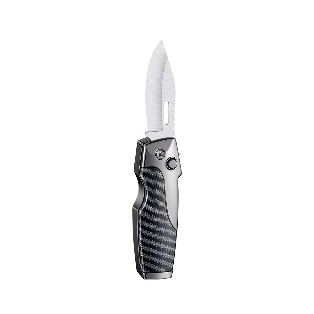 Zinc alloy metal folding lighter with integrated knife in a selection of colour and texture finishes.