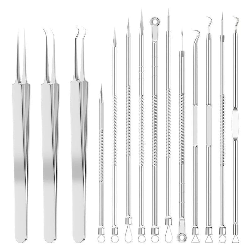 Four metal acne needle tools with pointed tips on a white background.