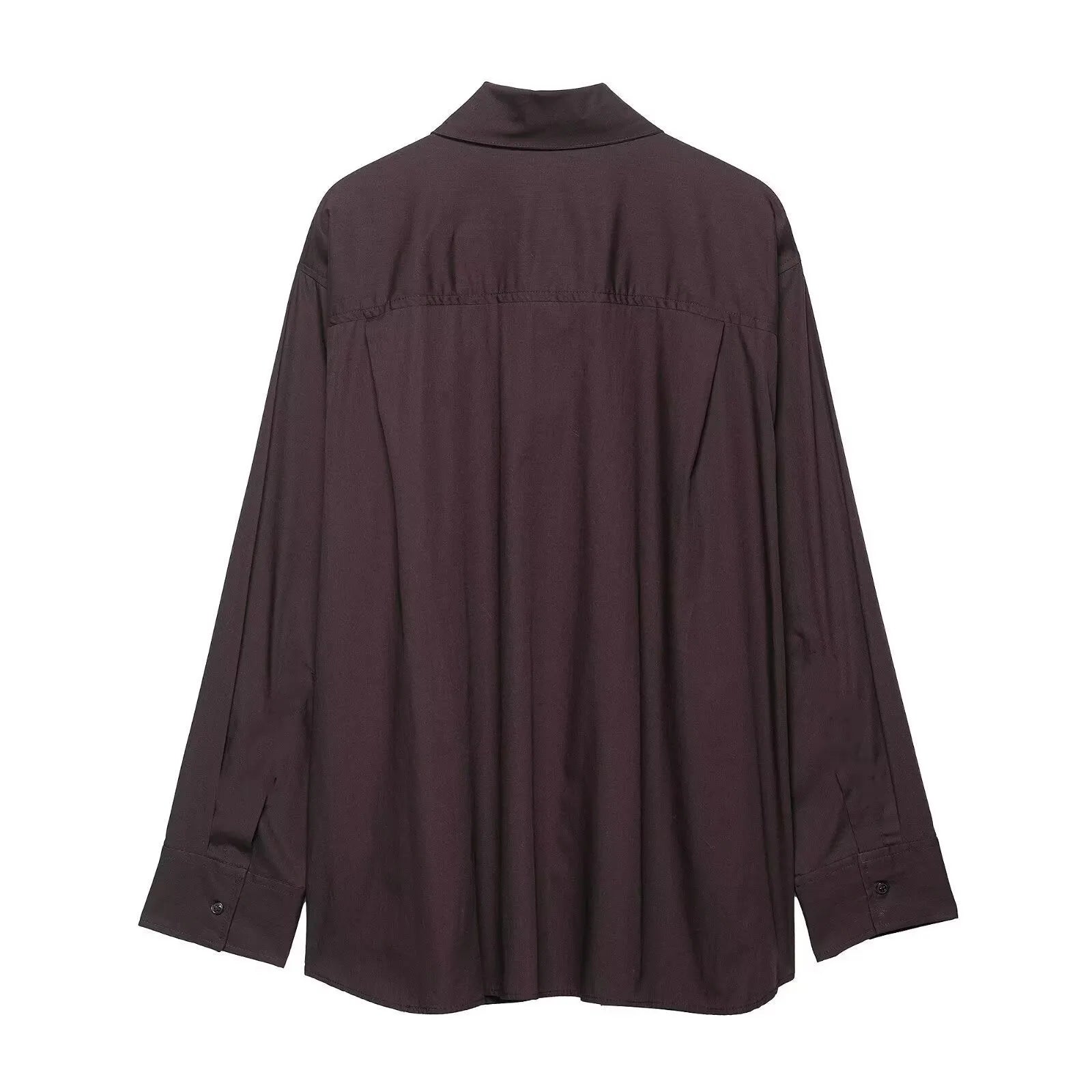 Brown women's poplin shirt with long sleeves, a loose fit, and a bow tie front closure.