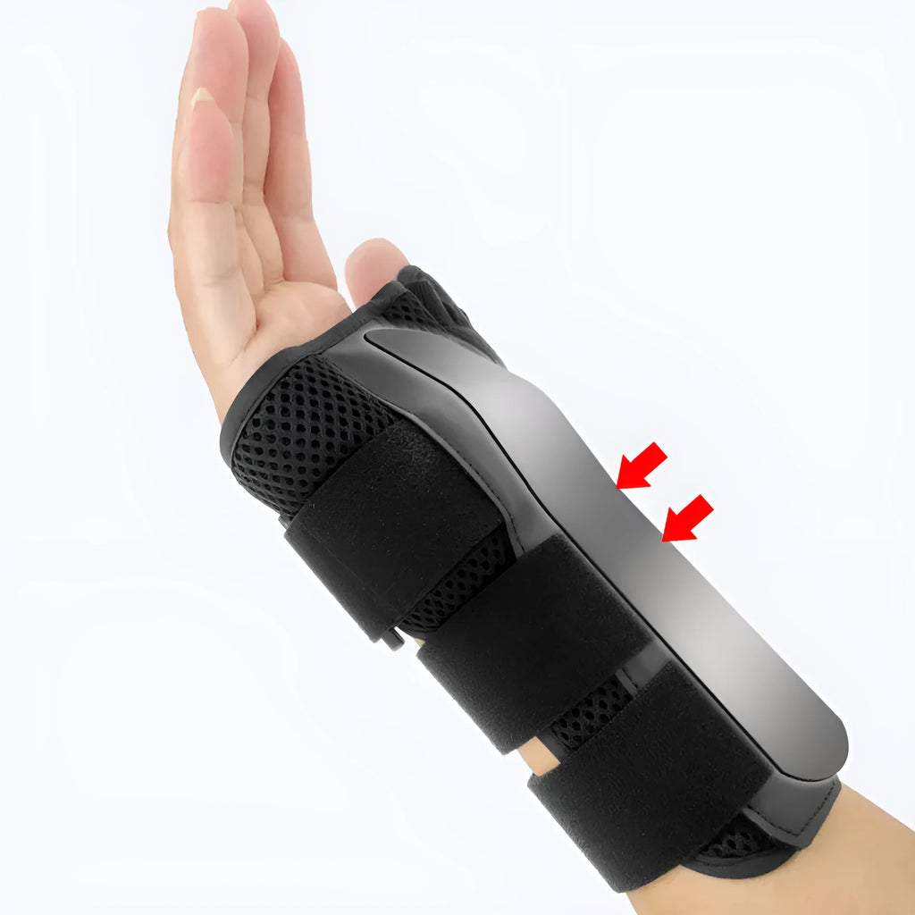 Black carbon fibre sports wrist guard with grey edging and adjustable thumb strap on athletic hand