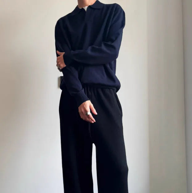 Pure wool polo neck sweater with lapel collar in loose fit, shown in milky white.