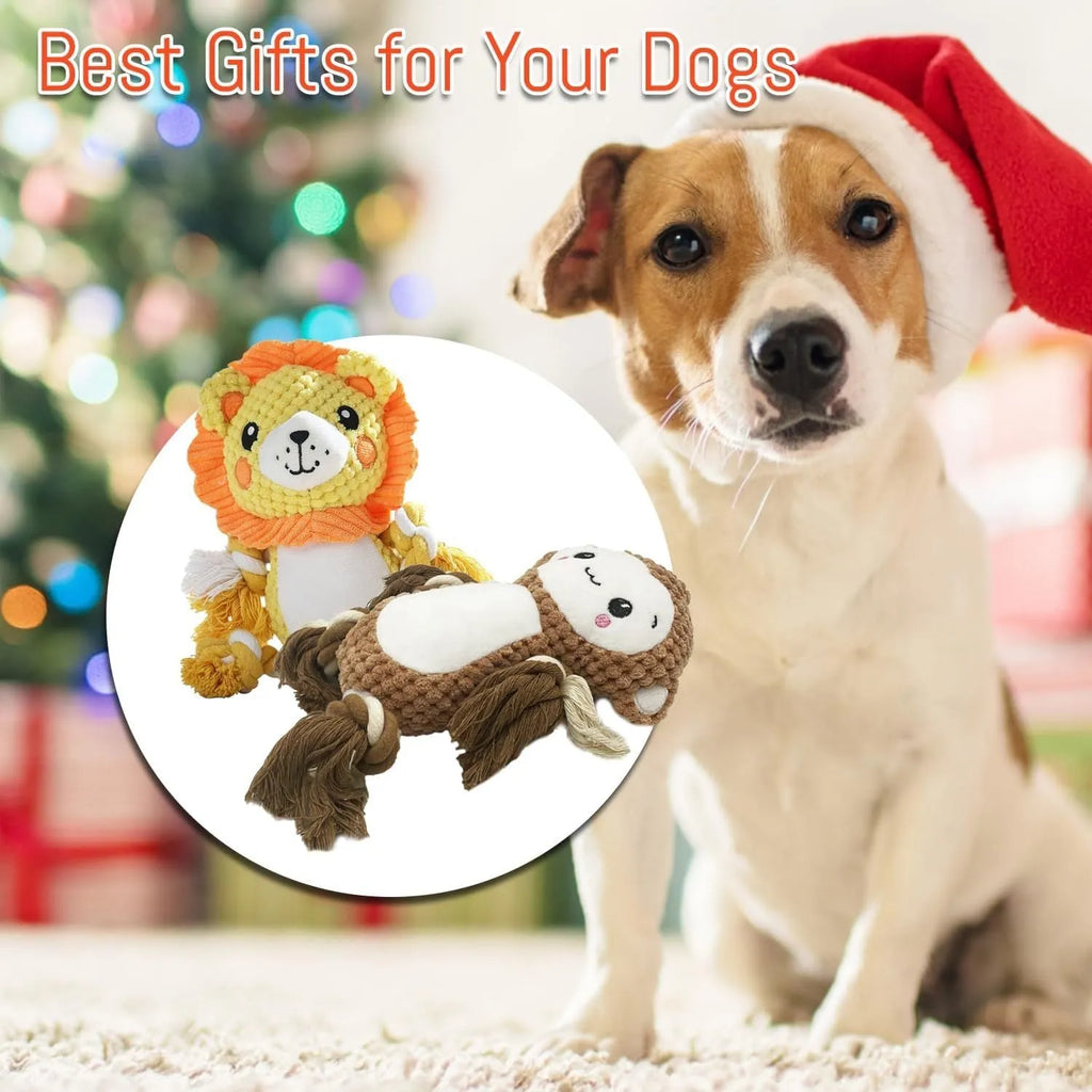 Lion and monkey soft plush squeaky dog toys for medium to large breeds