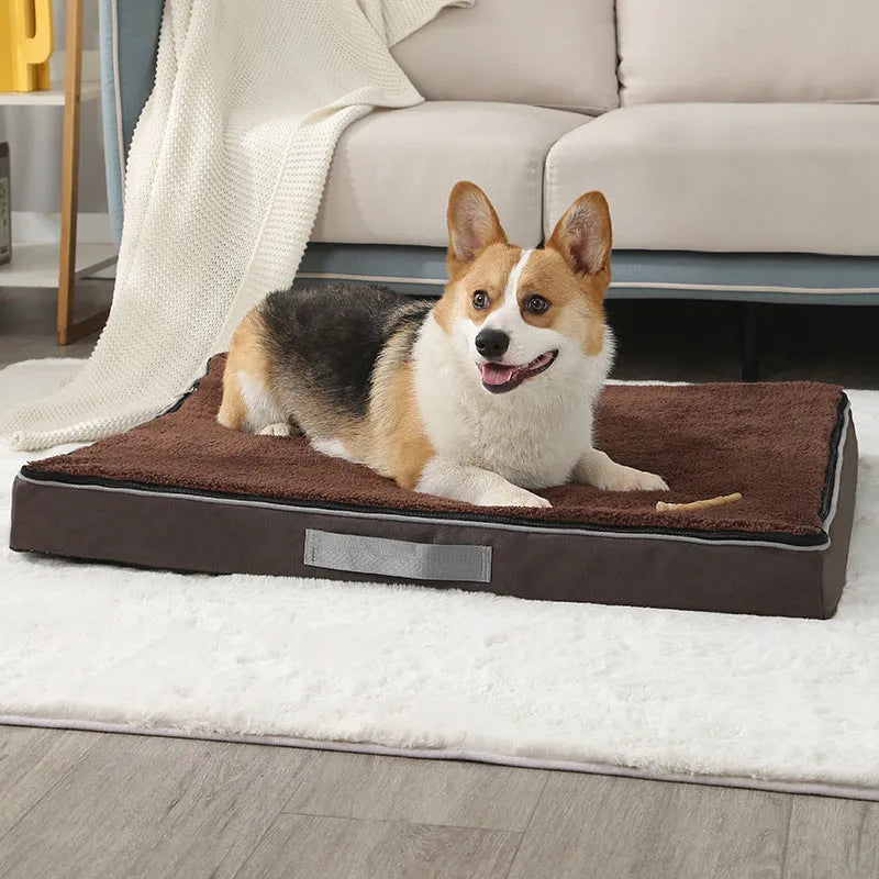 Removable cover memory sponge dog mat in brown, shown on a wooden floor.
