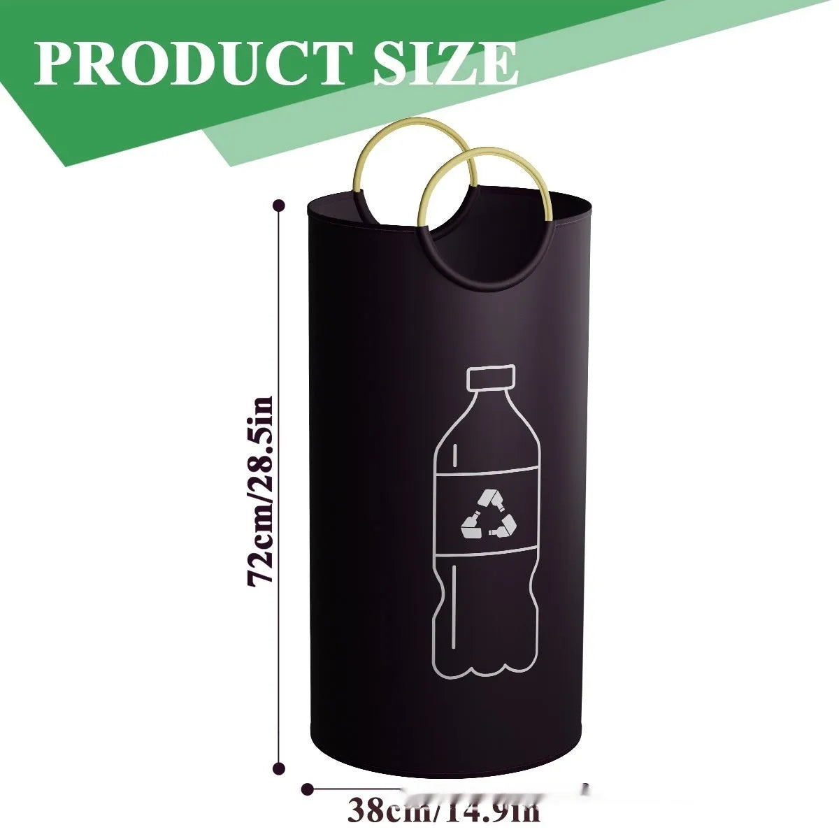 Round plastic portable waste bin measuring 38cm wide by 72cm tall, shown with a liner bag.