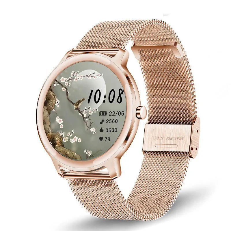 Women's Bluetooth smart watch with stainless steel wristband and 1.3 inch touch screen display