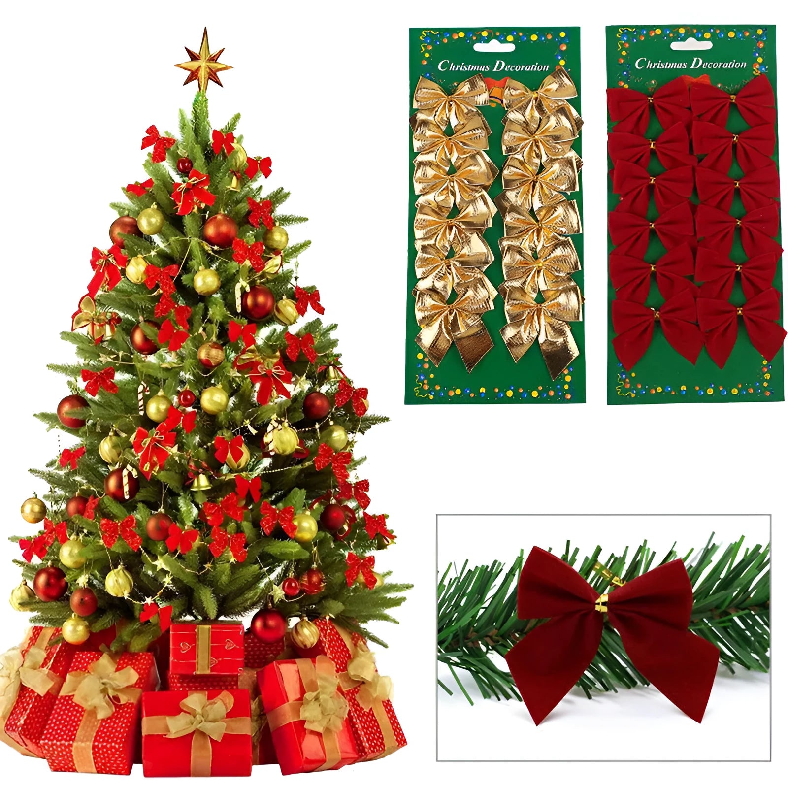 5 cm polyester Christmas bow decoration in gold, red, red gold and silver colour options