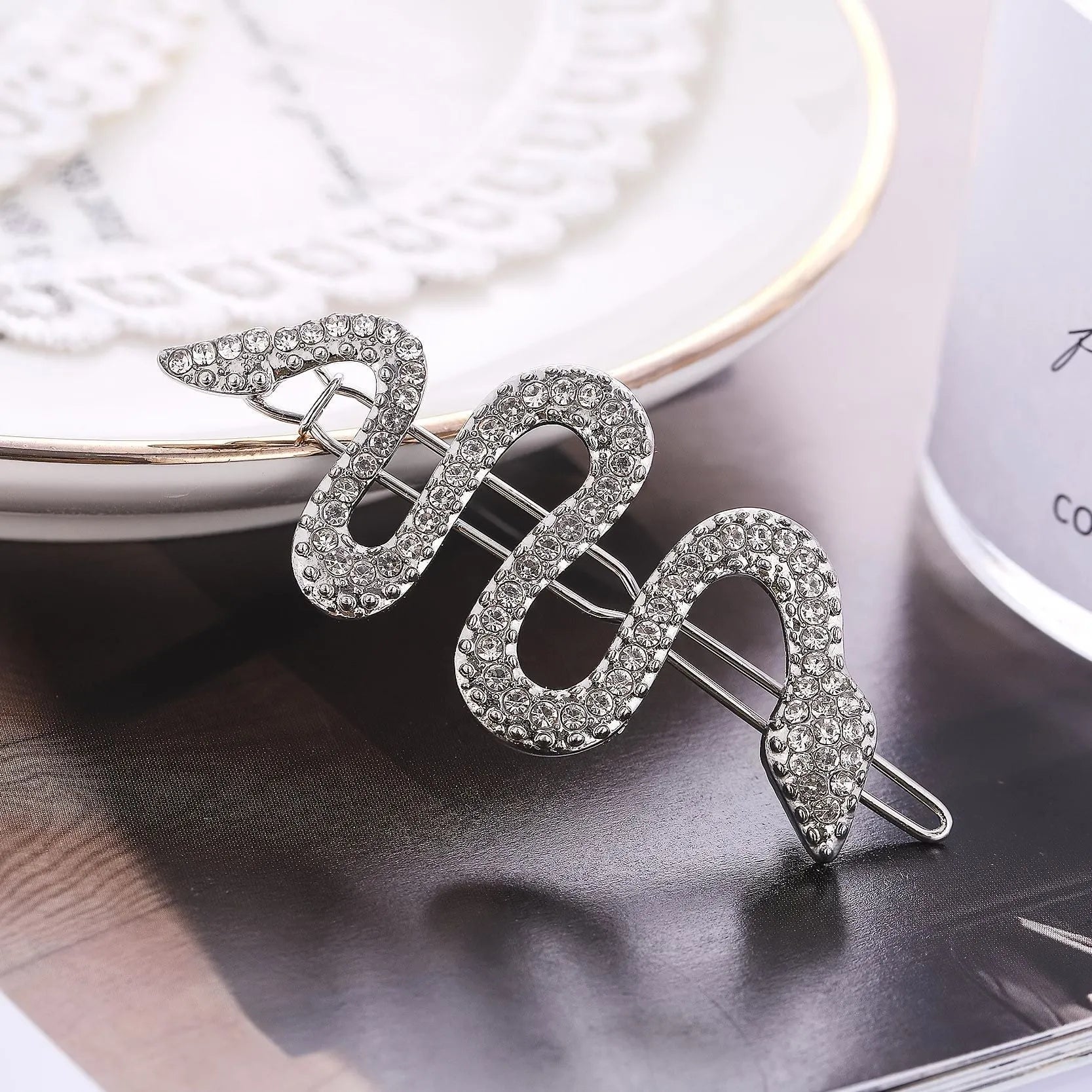 Vintage snake hair barrette with rhinestone detailing in gold and silver colour options