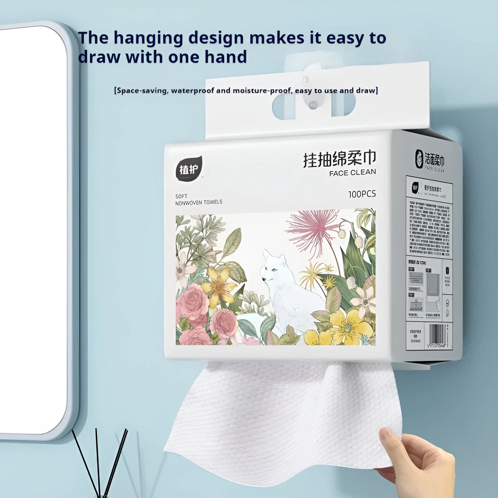 Disposable face cloth towel roll with removable hanging system, 100 sheets per pack
