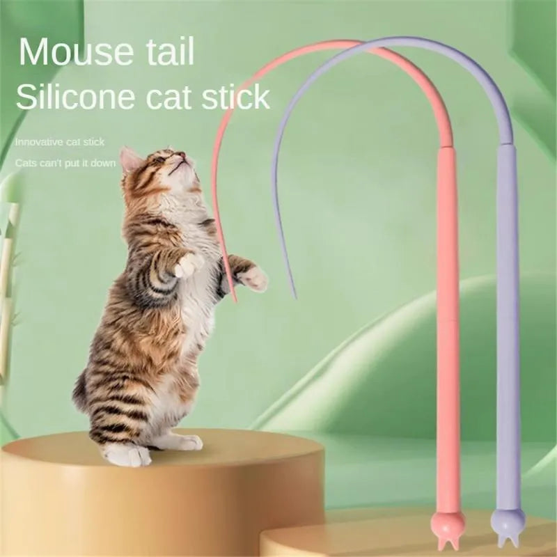 Blue simulated mouse tail cat teaser toy with silicone tail and cat head design