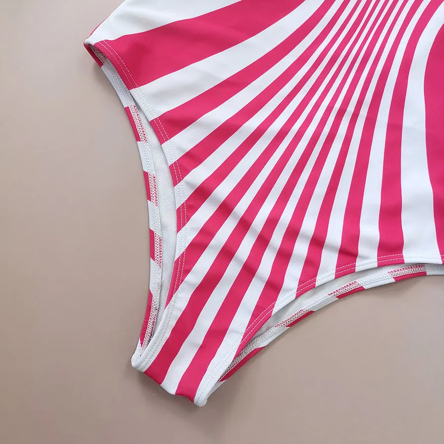 Pink striped one-piece swimsuit with front and rear digital printing for women