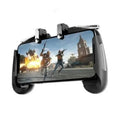 Multifunctional mobile game handle with telescopic bracket extended, shown in black, blue, and white colour options.