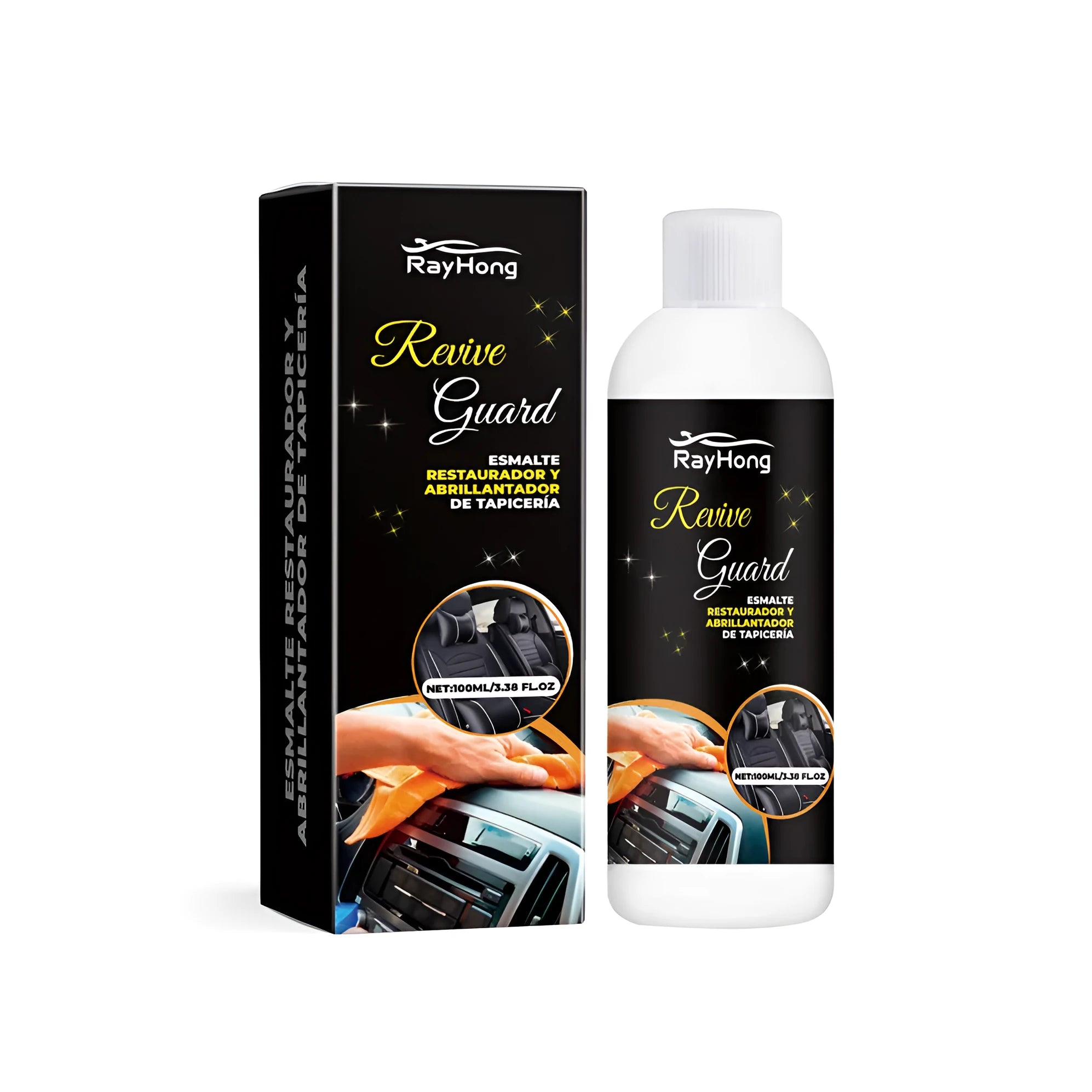 Box of automobile interior polish measuring 3.8 by 12.3 cm