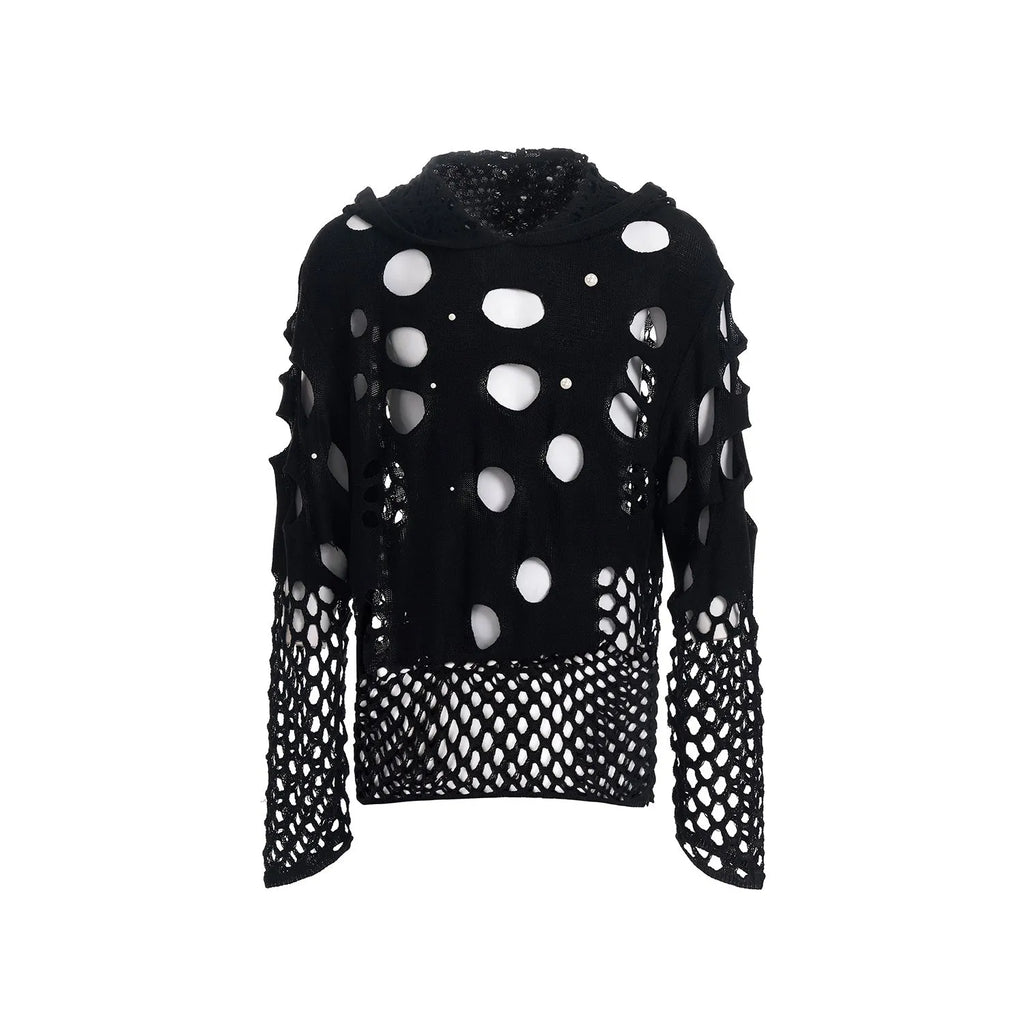 Black men's hoodie with pearl decoration on hood, loose fit thin knit pullover
