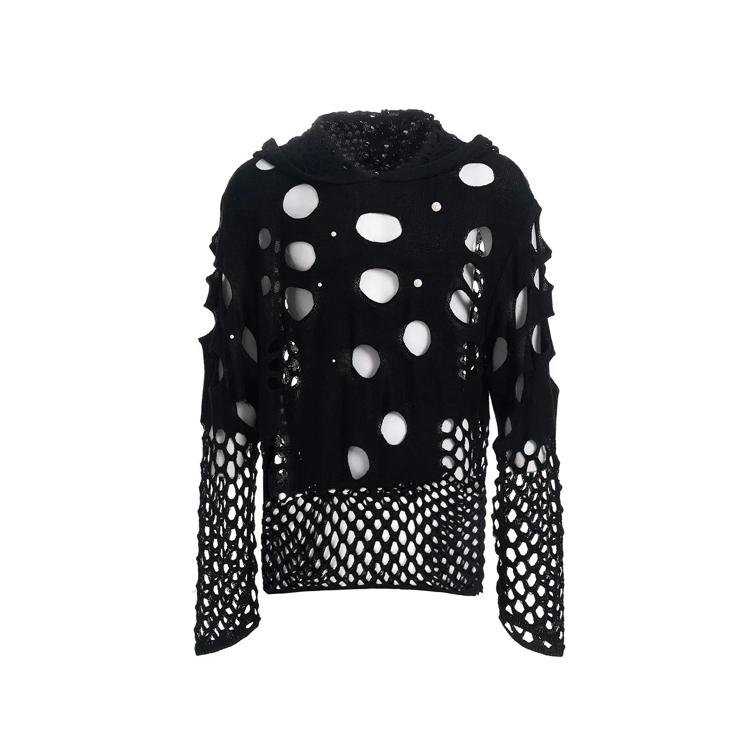 Black men's hoodie with pearl decoration on hood, loose fit thin knit pullover