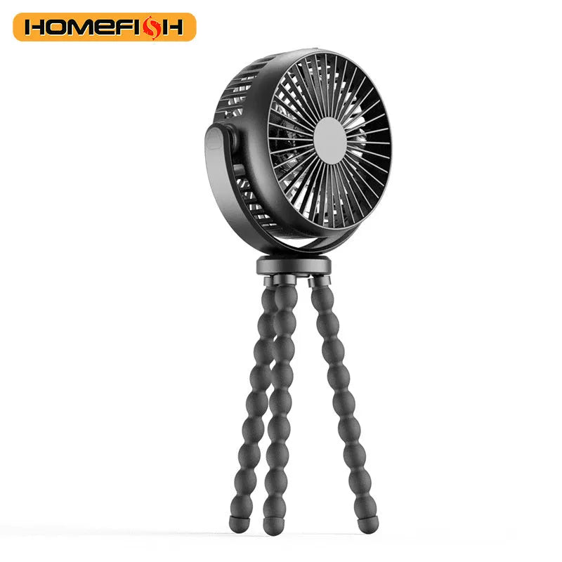 HOMEFISH F2 automatic shake head fan with LED light and removable bracket on a table.