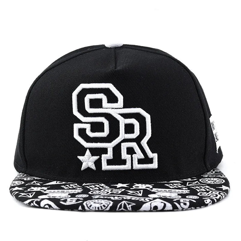 Cotton baseball cap with embroidered letters, adjustable strap, in black or white
