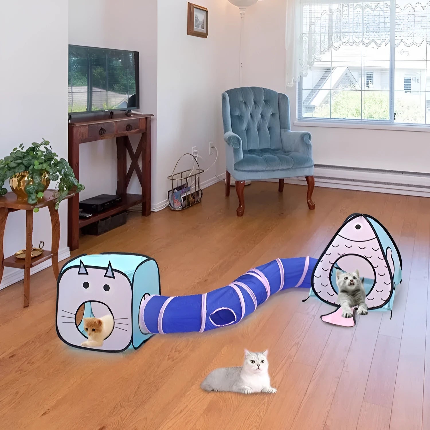 Foldable pet tent cat tunnel toy set with three-piece PP plastic construction and cat fish design