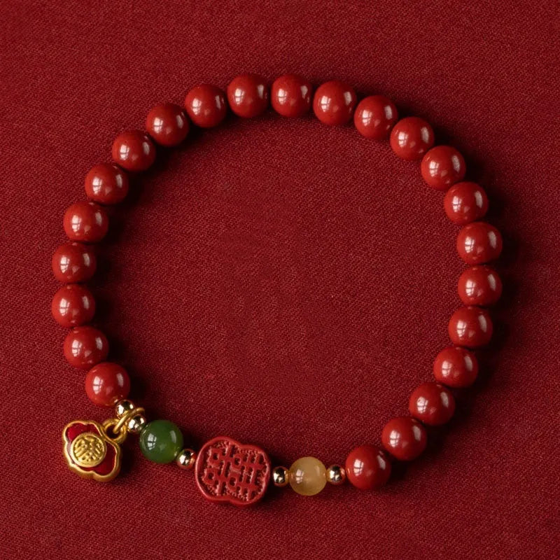 Emperor Sandstone colour cinnabar bracelet with Fu character, showing 6mm and 8mm bead size options.