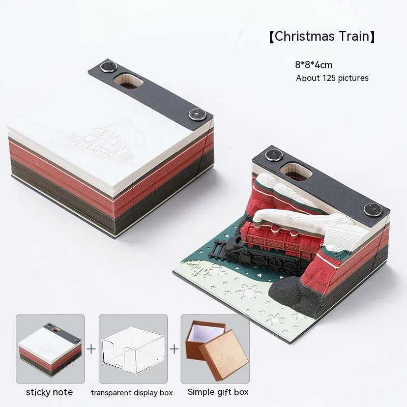 3D sticky notes pad with a raised paper carving of Qingshui Temple and a Christmas Train coloured cover.
