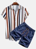 Men's digital print cardigan and matching shorts suit set in polyester fabric.