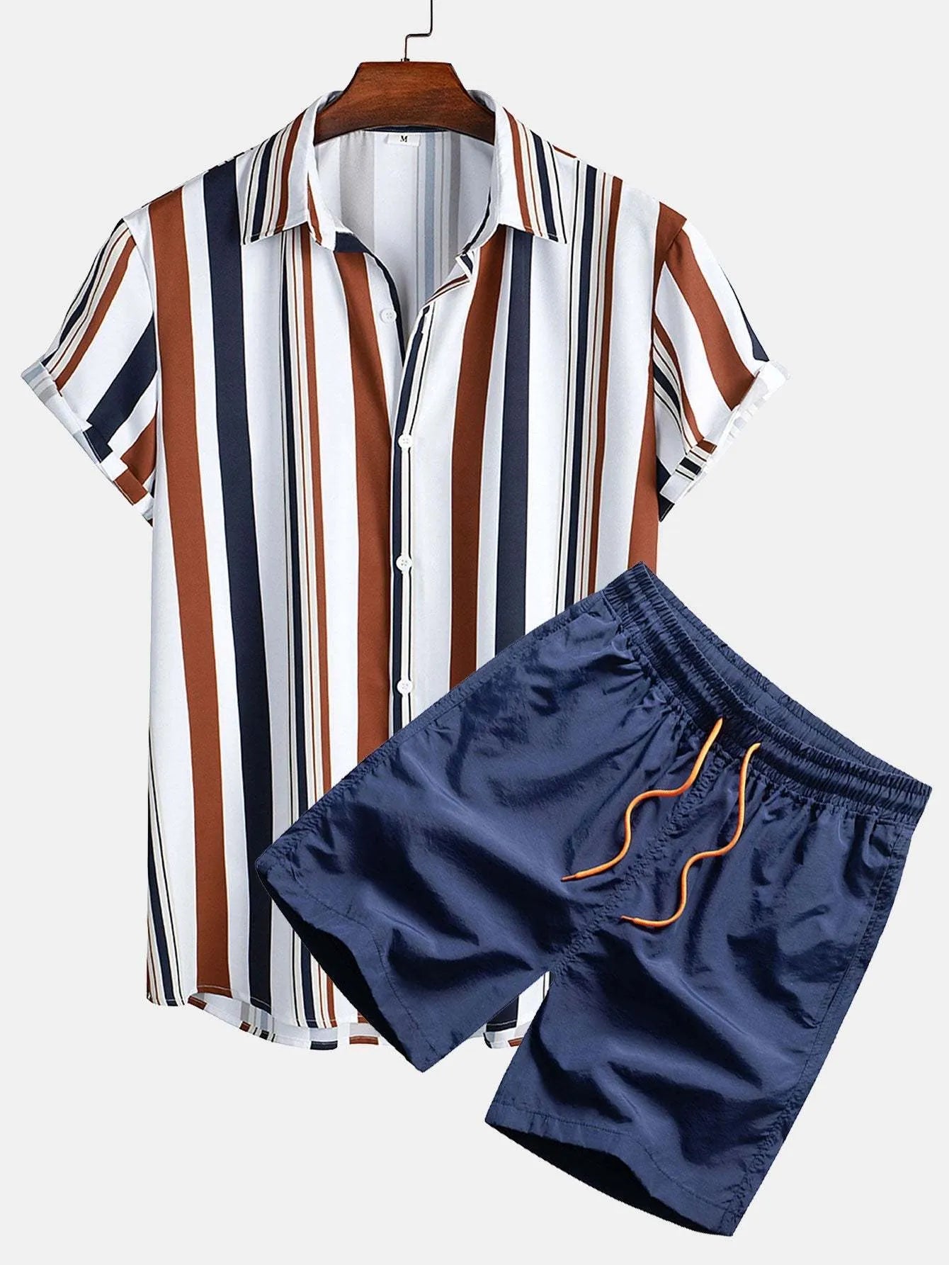 Men's digital print cardigan and matching shorts suit set in polyester fabric.