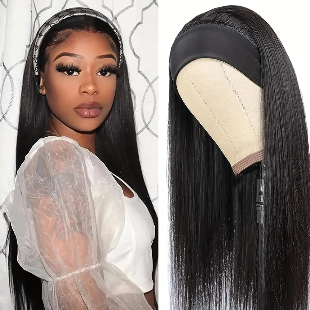 Headband wig with long straight black hair showing integrated headband design