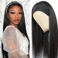 Headband wig with long straight black hair showing integrated headband design