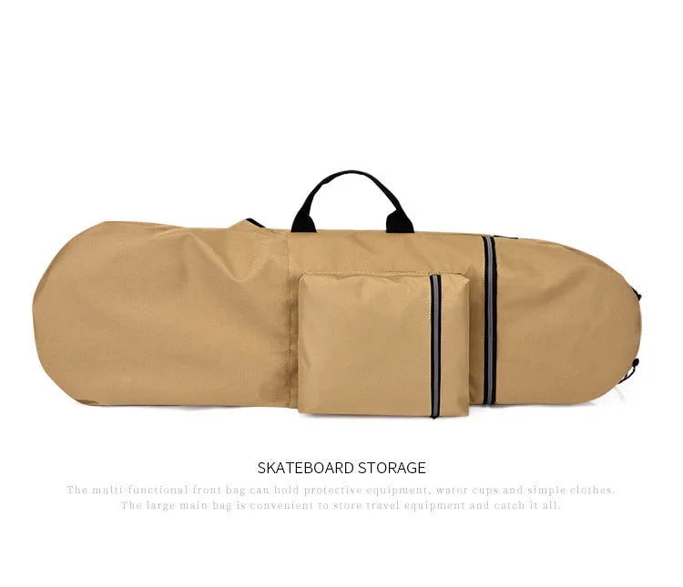 Black waterproof nylon skateboard bag with longboard fishing rod and flippers inside