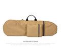 Black waterproof nylon skateboard bag with longboard fishing rod and flippers inside