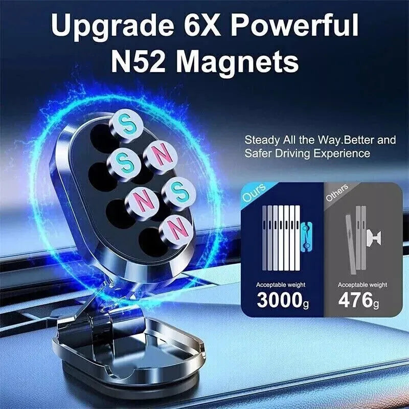 Chrome magnetic car phone holder with folding bracket and 360-degree swivel rotation