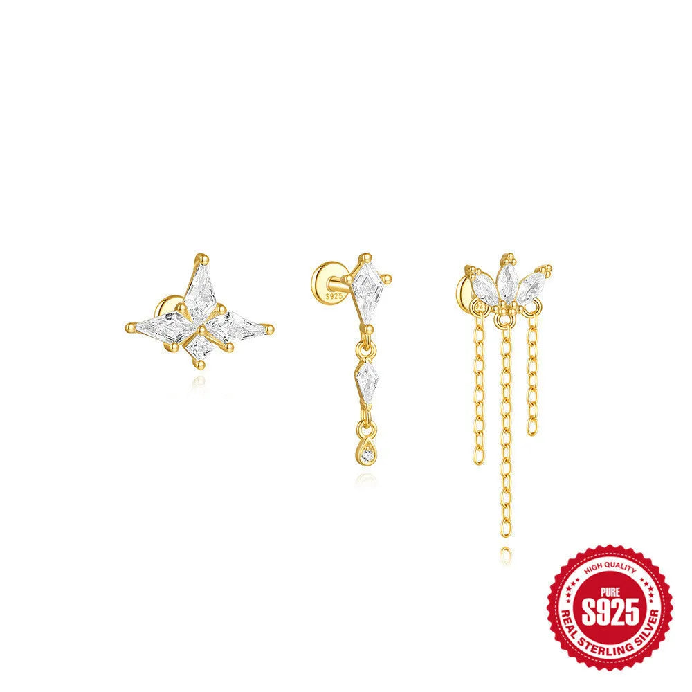 S925 sterling silver geometric kite earring with rhinestone chain tassel.
