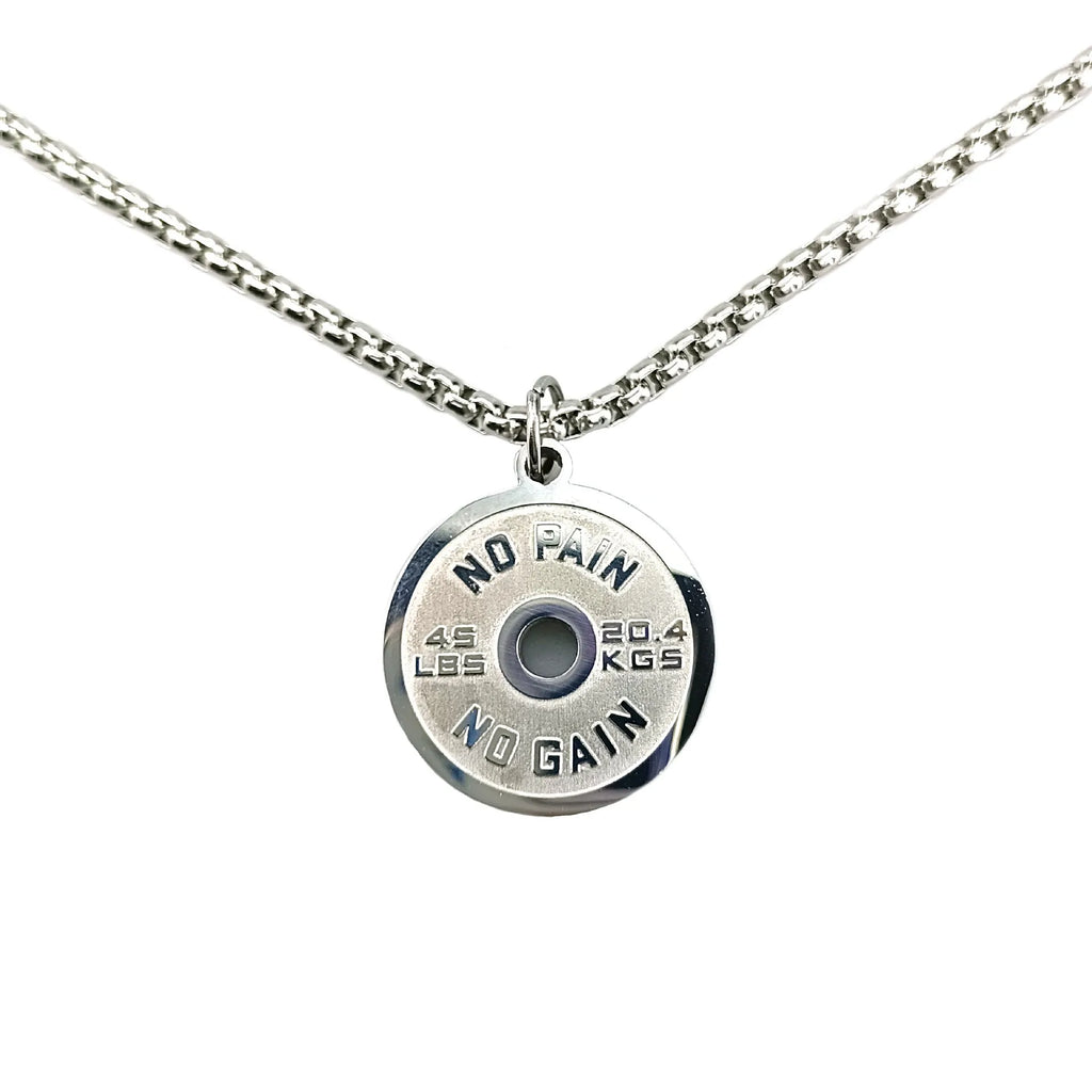 Stainless steel barbell disk necklace with geometric pendant on 60cm chain options