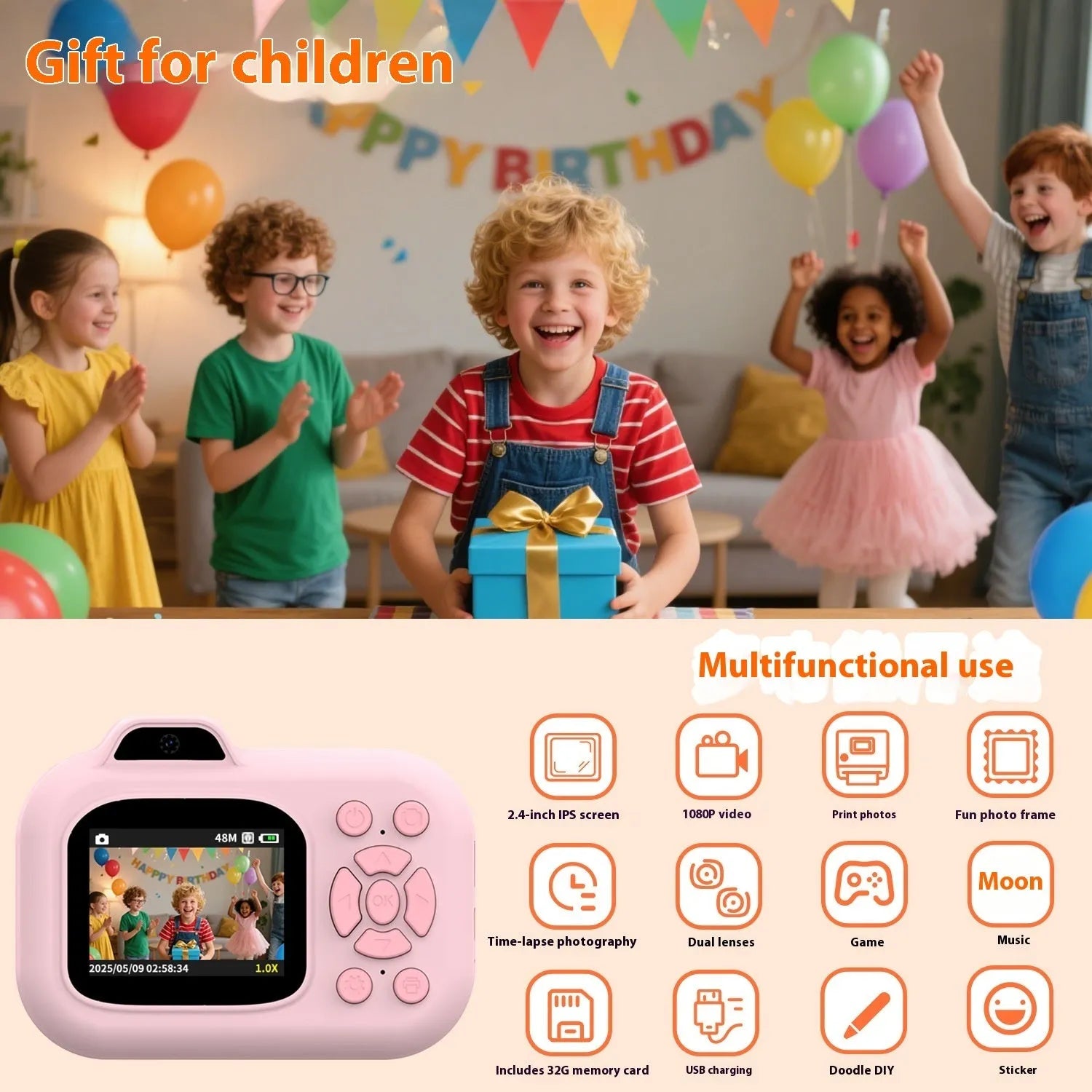 Children's plastic camera in blue, pink or purple colours with video recording and photography functions