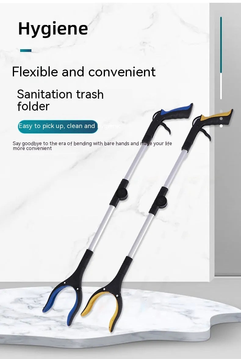 Foldable aluminium rubbish clamp with magnet, shown extended to 80cm and folded to 42cm with blue handle
