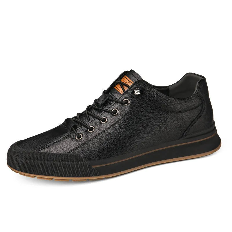 Men's white and black platform trainers with round toe and 6cm heel.