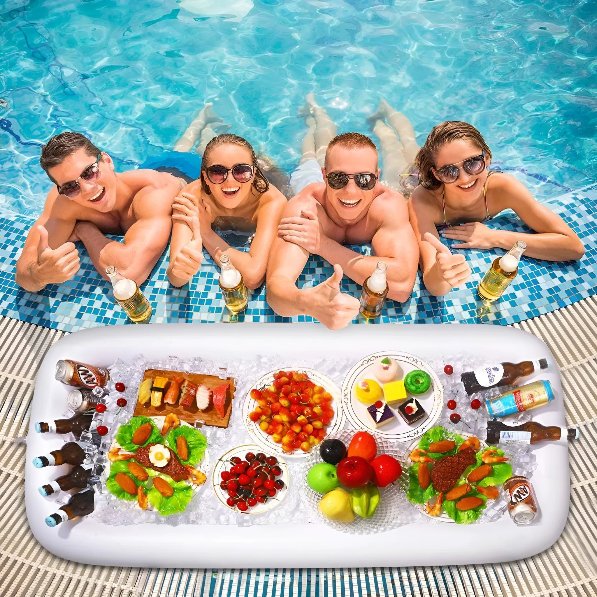 Inflatable ice bar serving station with cup holders and a yellow beer steins ice bucket for parties.
