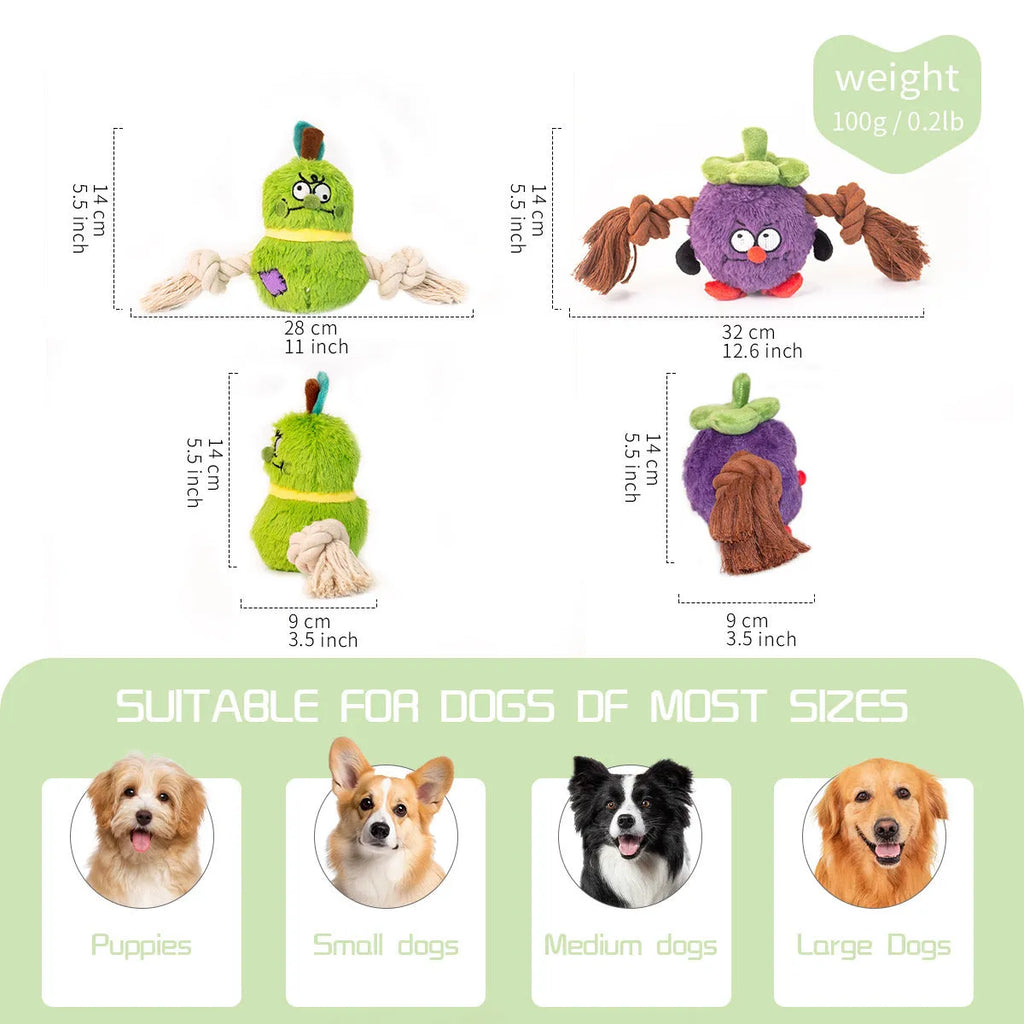 Green interactive dog toy with plush fabric, rope knots, and built-in squeaker for tug of war games