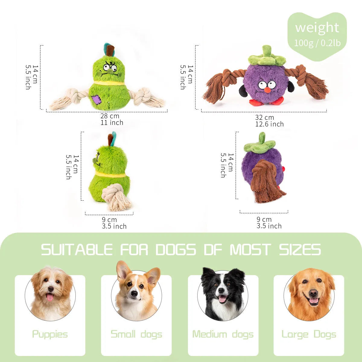 Green interactive dog toy with plush fabric, rope knots, and built-in squeaker for tug of war games