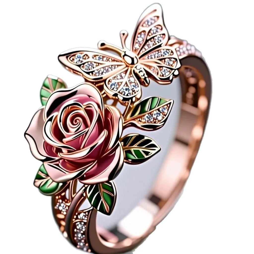 Adjustable colourful butterfly ring with oil drip finish and rose leaf details on alloy band