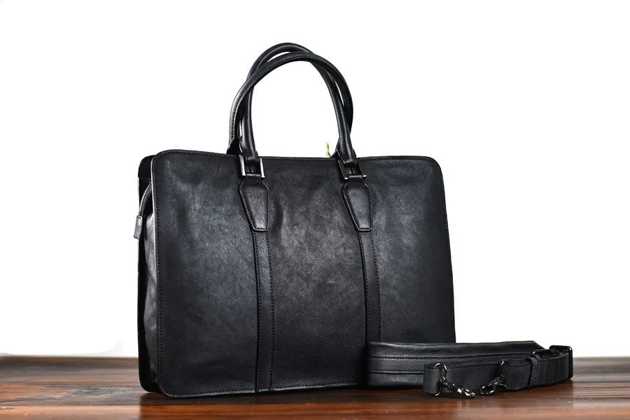 Men's 14-inch horizontal square leather handbag in khaki or black with zipper closure