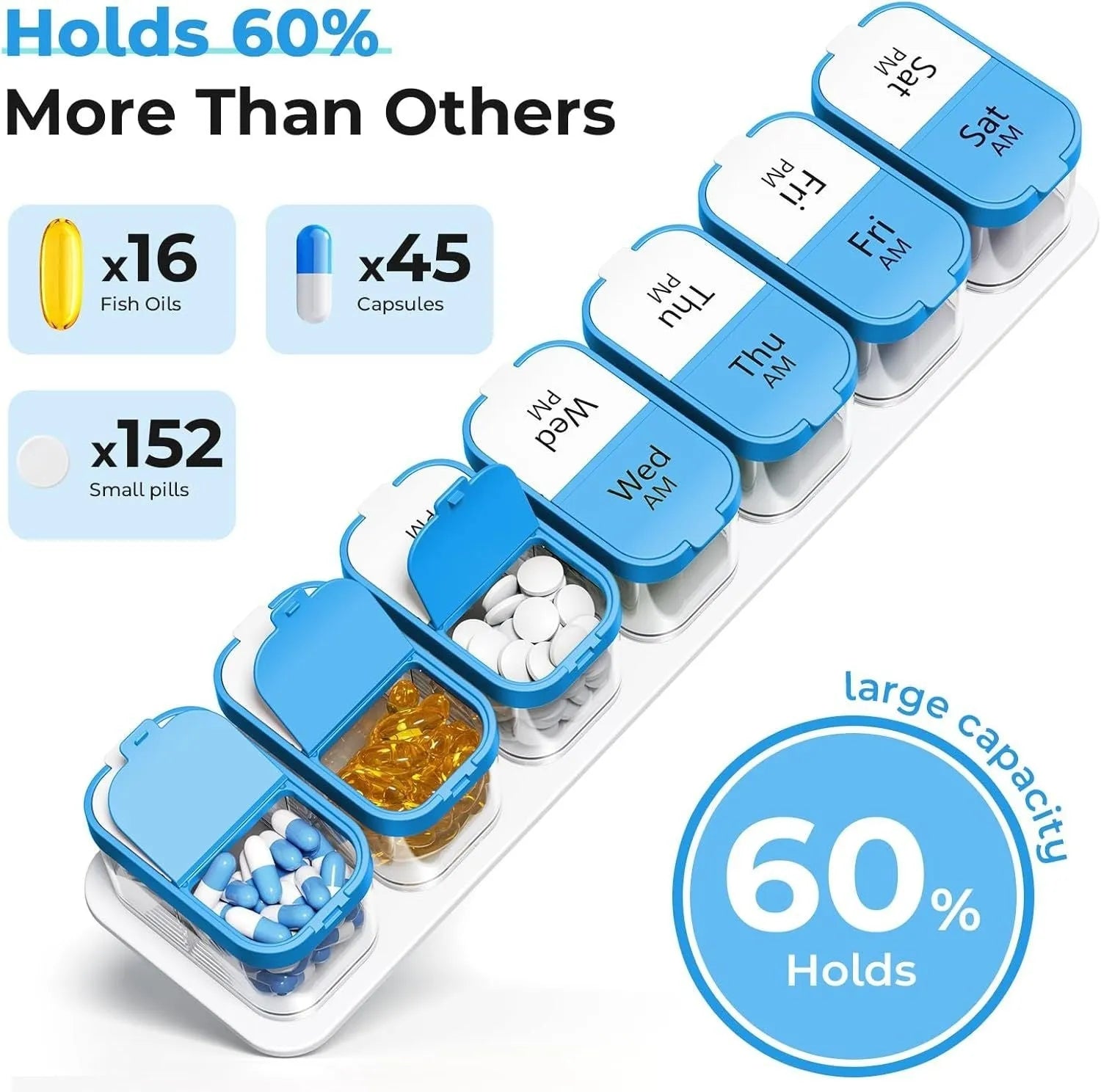 Extra large portable pill box dispenser with 14 removable grid compartments in white colour
