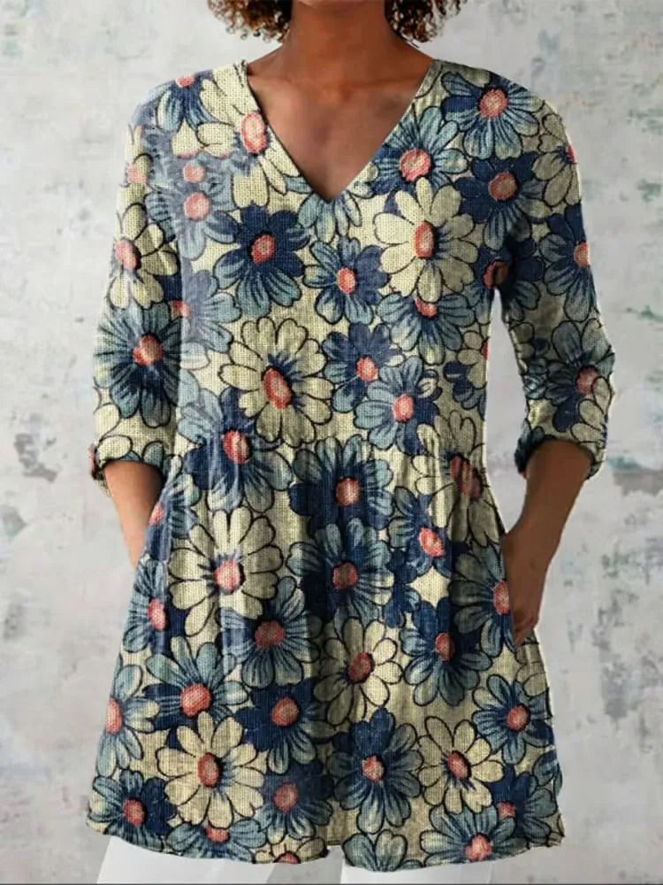 Women's retro slim fit printed long-sleeved top in polyester fabric showing digital print design