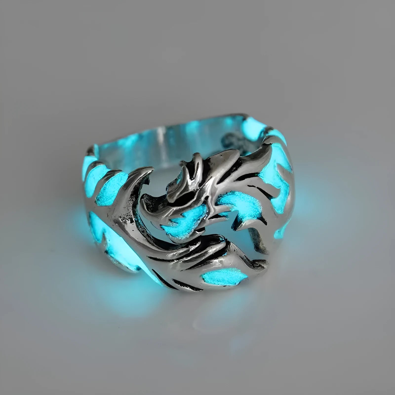 Adjustable metal ring with luminous dragon pattern in archaism silver blue and green