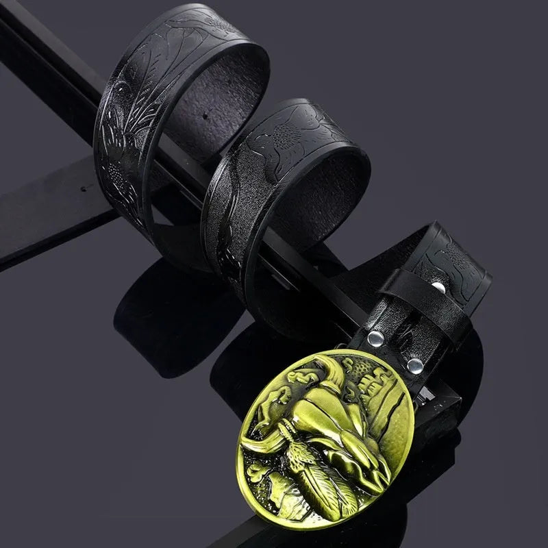 Men's leather belt with detailed cow head buckle in black or brown colour options