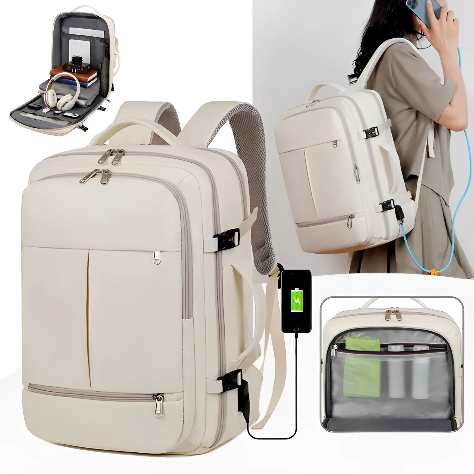Waterproof Oxford cloth backpack with multiple pockets, shown in black colour, displaying laptop compartment and zippered organisers.