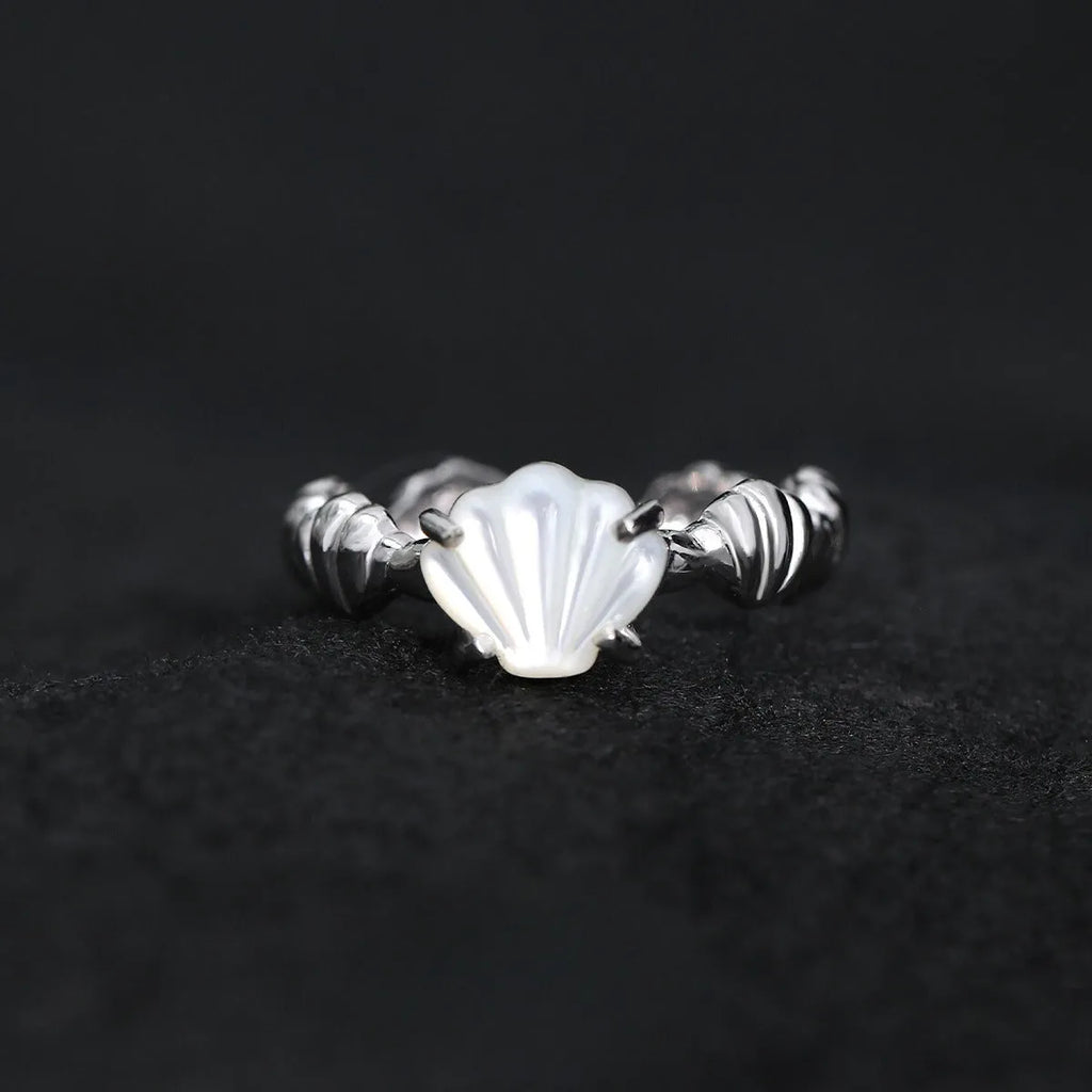 Women's adjustable silver ring with shell tiger eye stone in white gold electroplated finish