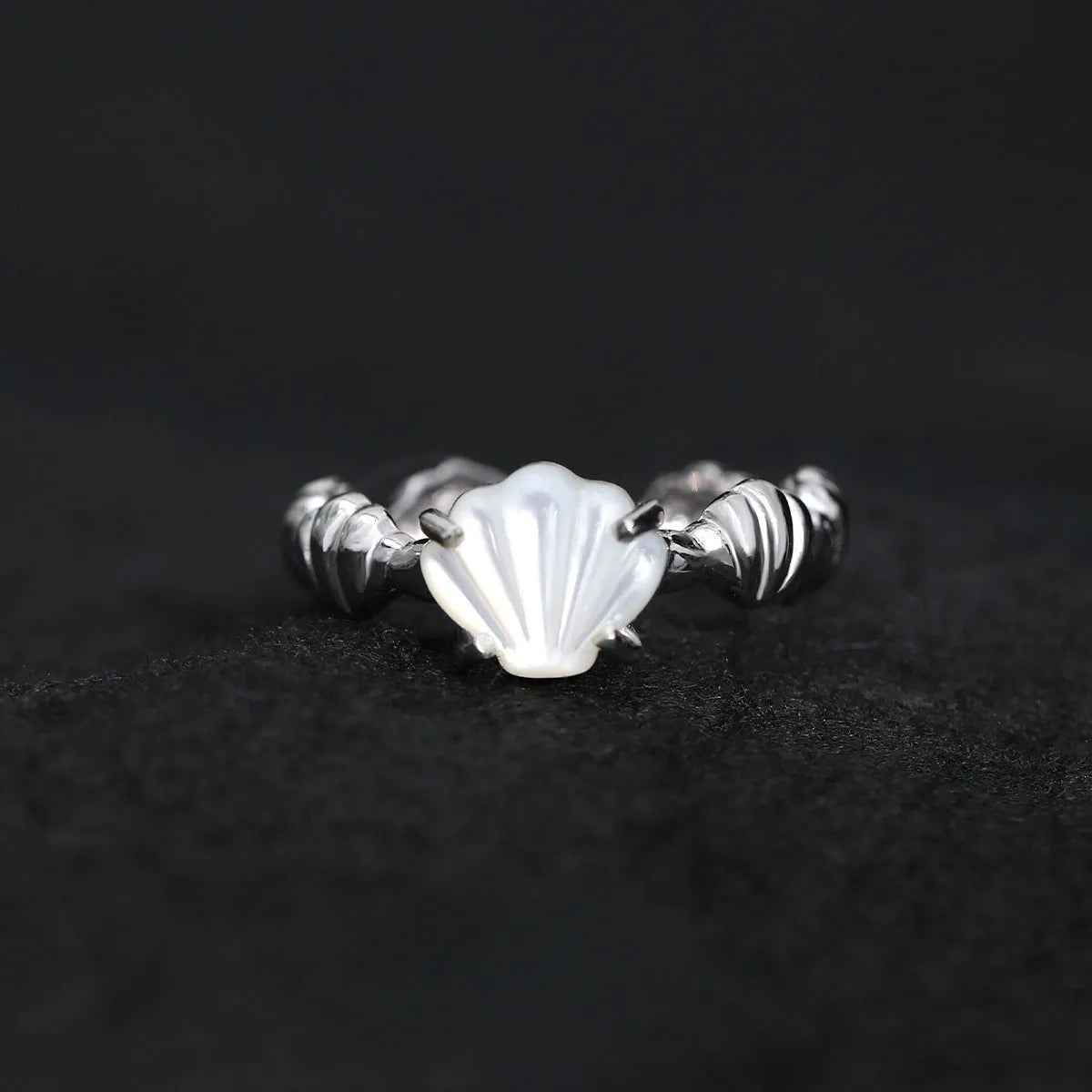 Women's adjustable silver ring with shell tiger eye stone in white gold electroplated finish