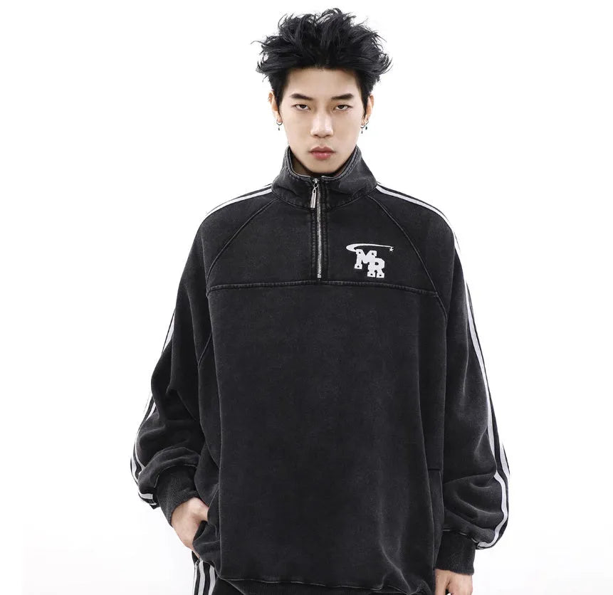 Black Hong Kong style retro sports sweatshirt with stand collar and long sleeves