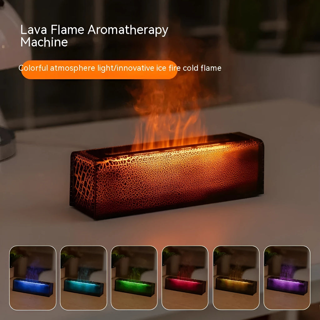 Creative square lava flame aroma diffuser and humidifier in black on a desktop with USB cable.