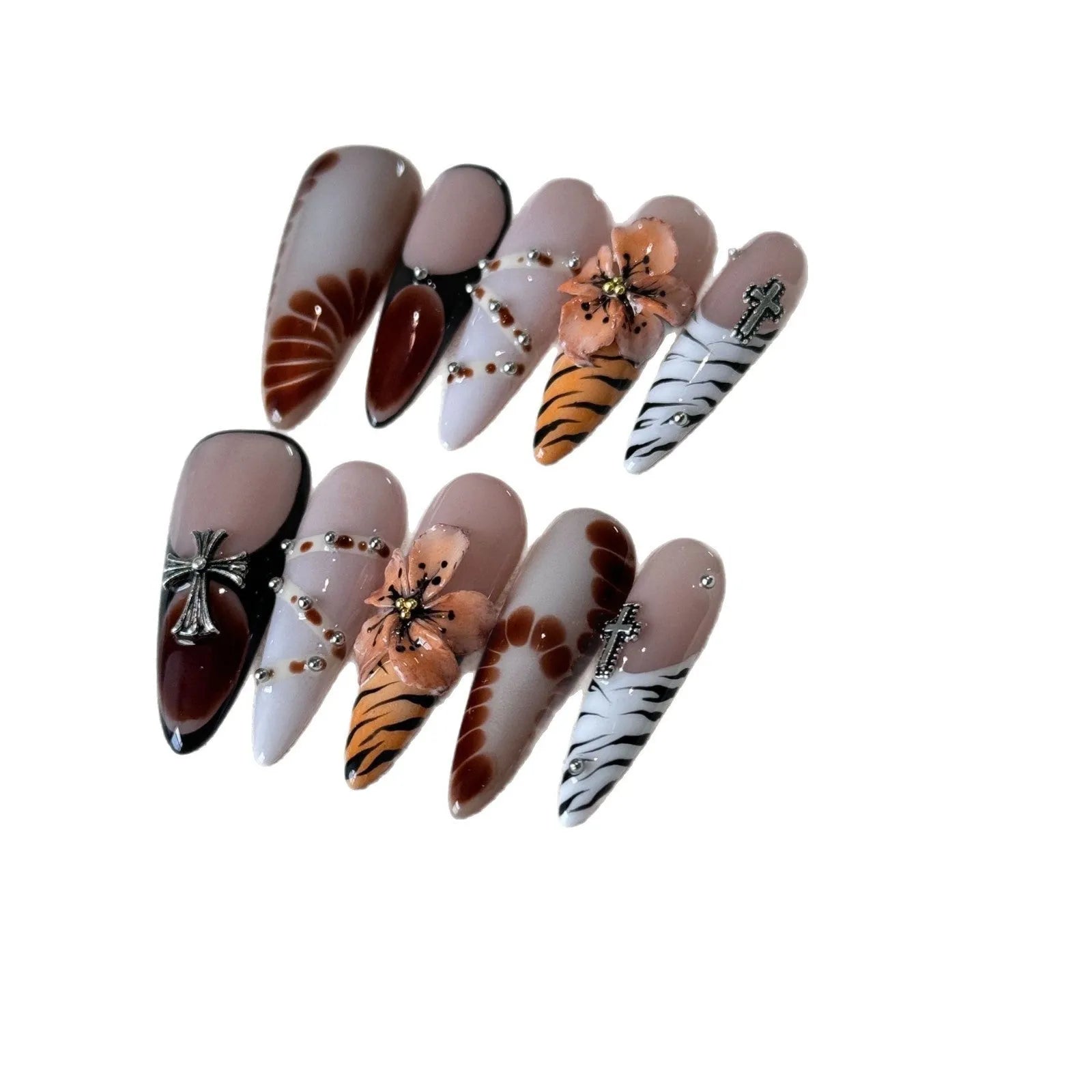 Handmade leopard print French style press-on nail tips with cross and floral patterns
